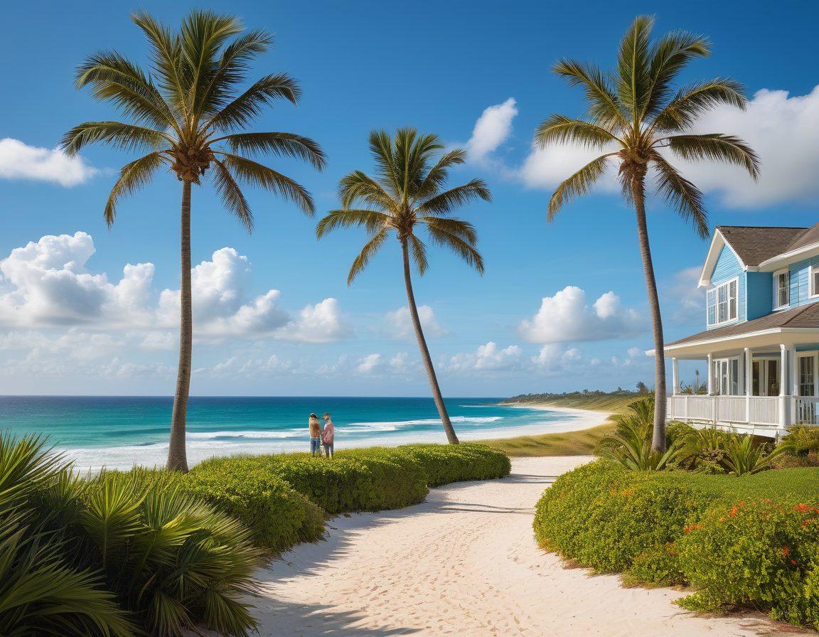 A serene coastal landscape showcasing luxurious oceanfront properties with palm trees swaying in the breeze. Incorporate lush green lawns meeting golden sandy beaches and gentle waves lapping at the shore. Include a clear blue sky with fluffy white clouds, and a couple viewing properties through binoculars, symbolizing investment insight. Emphasize an inviting and tranquil atmosphere. super-realistic. vibrant colors.